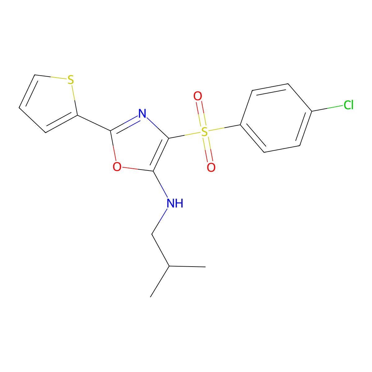 4-(4-chlorophenyl)sulfonyl-N-(2-methylpropyl)-2-thiophen-2-yl-1,3-oxazol-5-amine molecular structure, CAS 627834-76-8