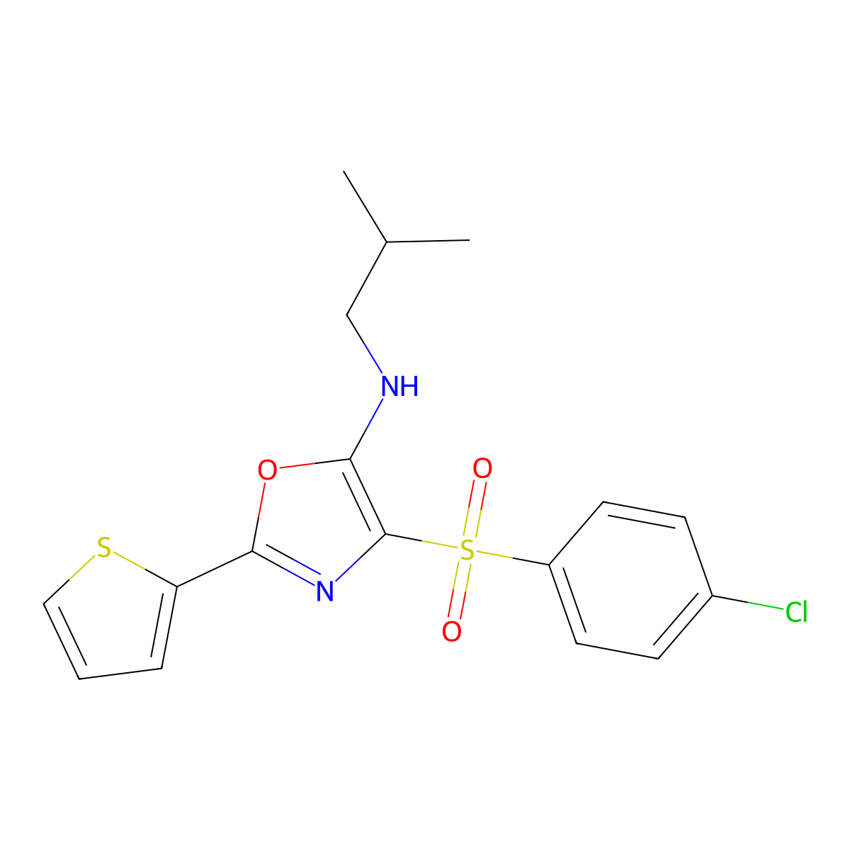 4-(4-chlorophenyl)sulfonyl-N-(2-methylpropyl)-2-thiophen-2-yl-1,3-oxazol-5-amine molecular structure, CAS 627834-76-8