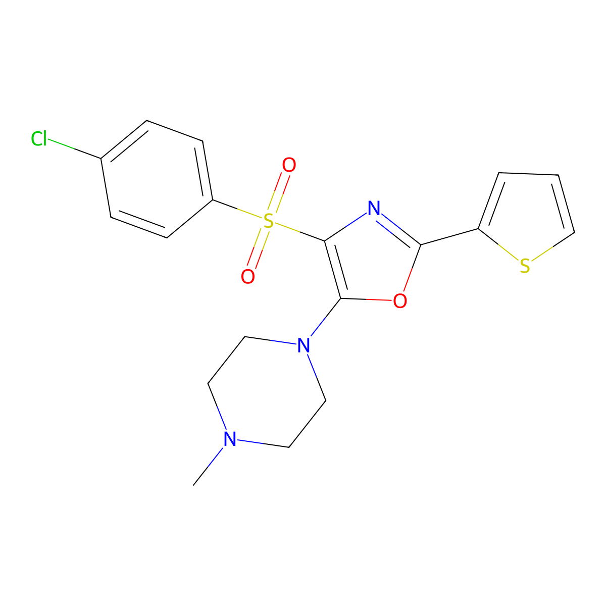 4-((4-Chlorophenyl)sulfonyl)-5-(4-methylpiperazin-1-yl)-2-(thiophen-2-yl)oxazole molecular structure, CAS 627834-79-1