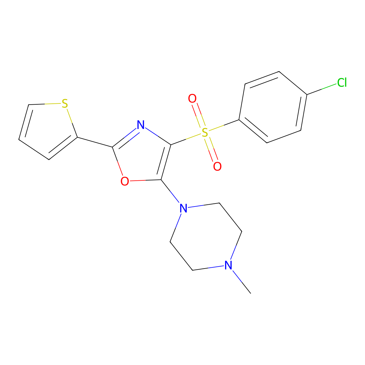 4-((4-Chlorophenyl)sulfonyl)-5-(4-methylpiperazin-1-yl)-2-(thiophen-2-yl)oxazole molecular structure, CAS 627834-79-1
