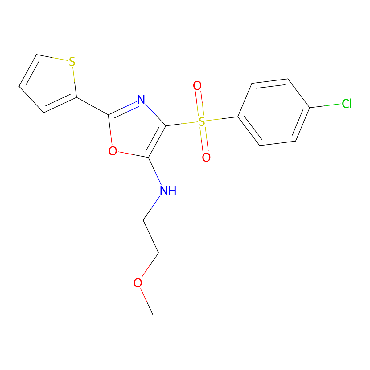 4-((4-chlorophenyl)sulfonyl)-N-(2-methoxyethyl)-2-(thiophen-2-yl)oxazol-5-amine molecular structure, CAS 627834-82-6