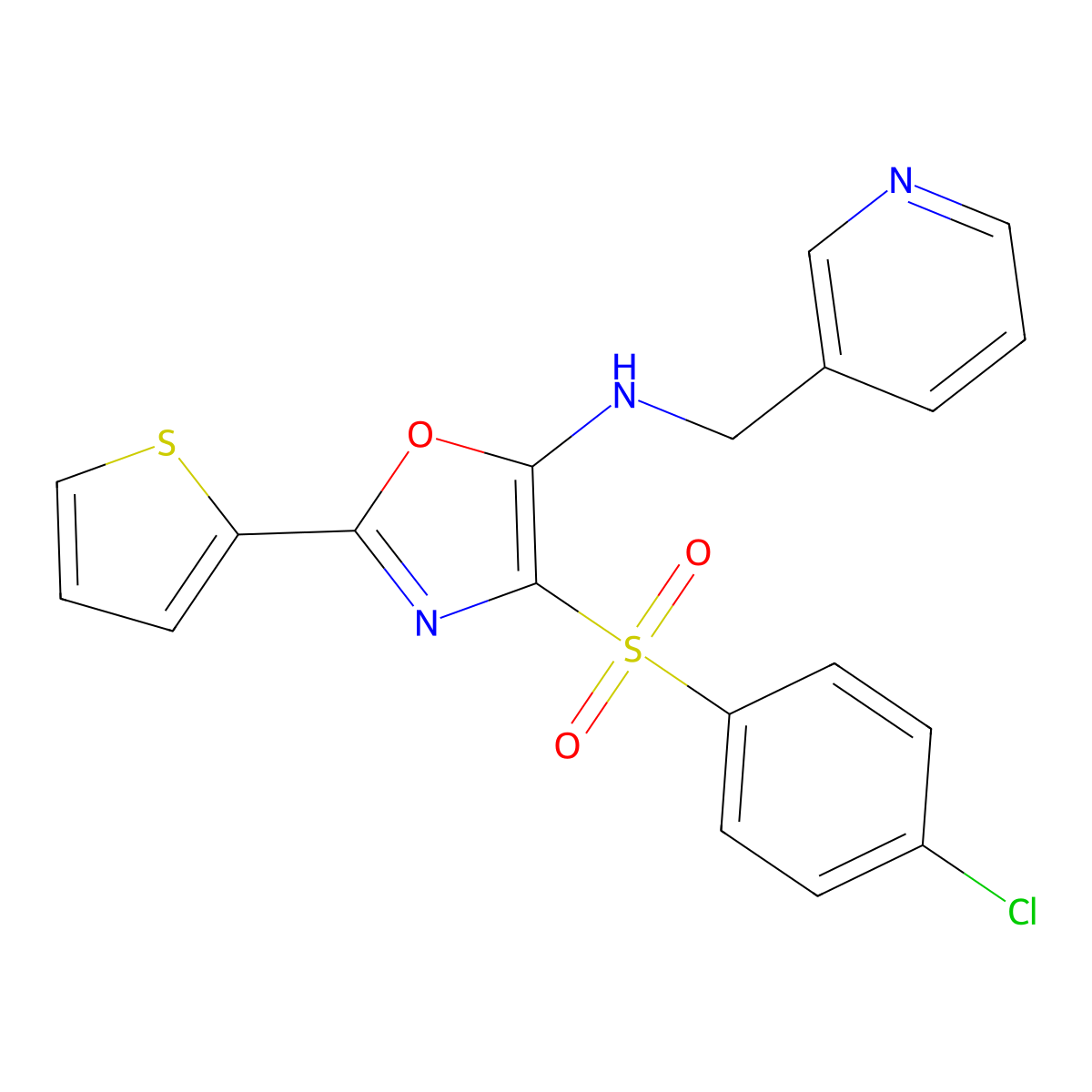 4-(4-chlorobenzenesulfonyl)-N-[(pyridin-3-yl)methyl]-2-(thiophen-2-yl)-1,3-oxazol-5-amine molecular structure, CAS 627834-88-2