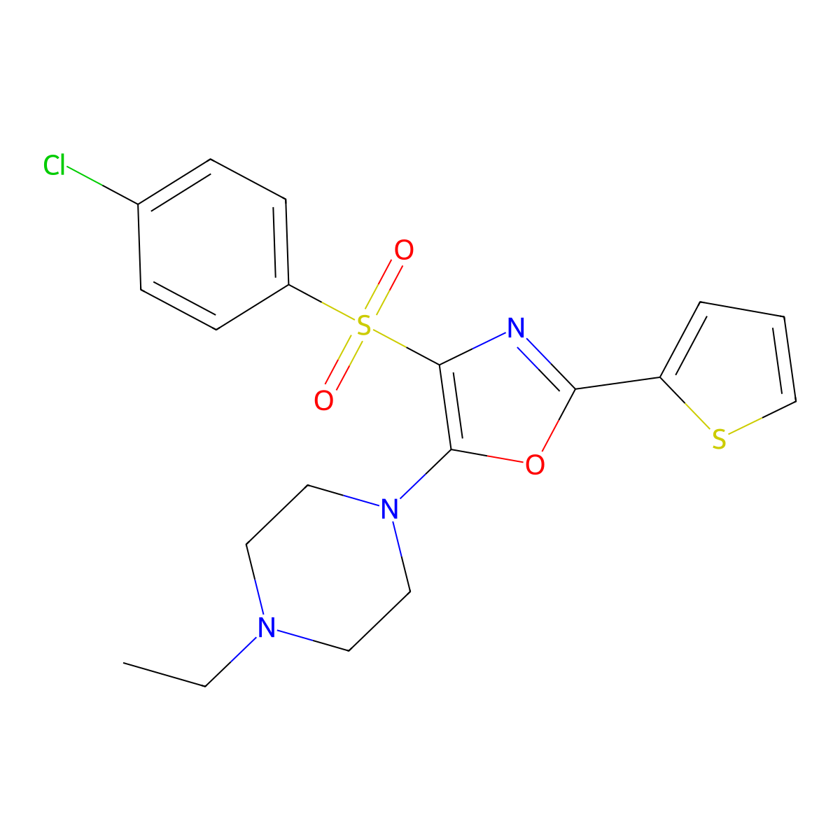 4-(4-Chlorophenyl)sulfonyl-5-(4-ethylpiperazin-1-yl)-2-thiophen-2-yl-1,3-oxazole molecular structure, CAS 627834-89-3