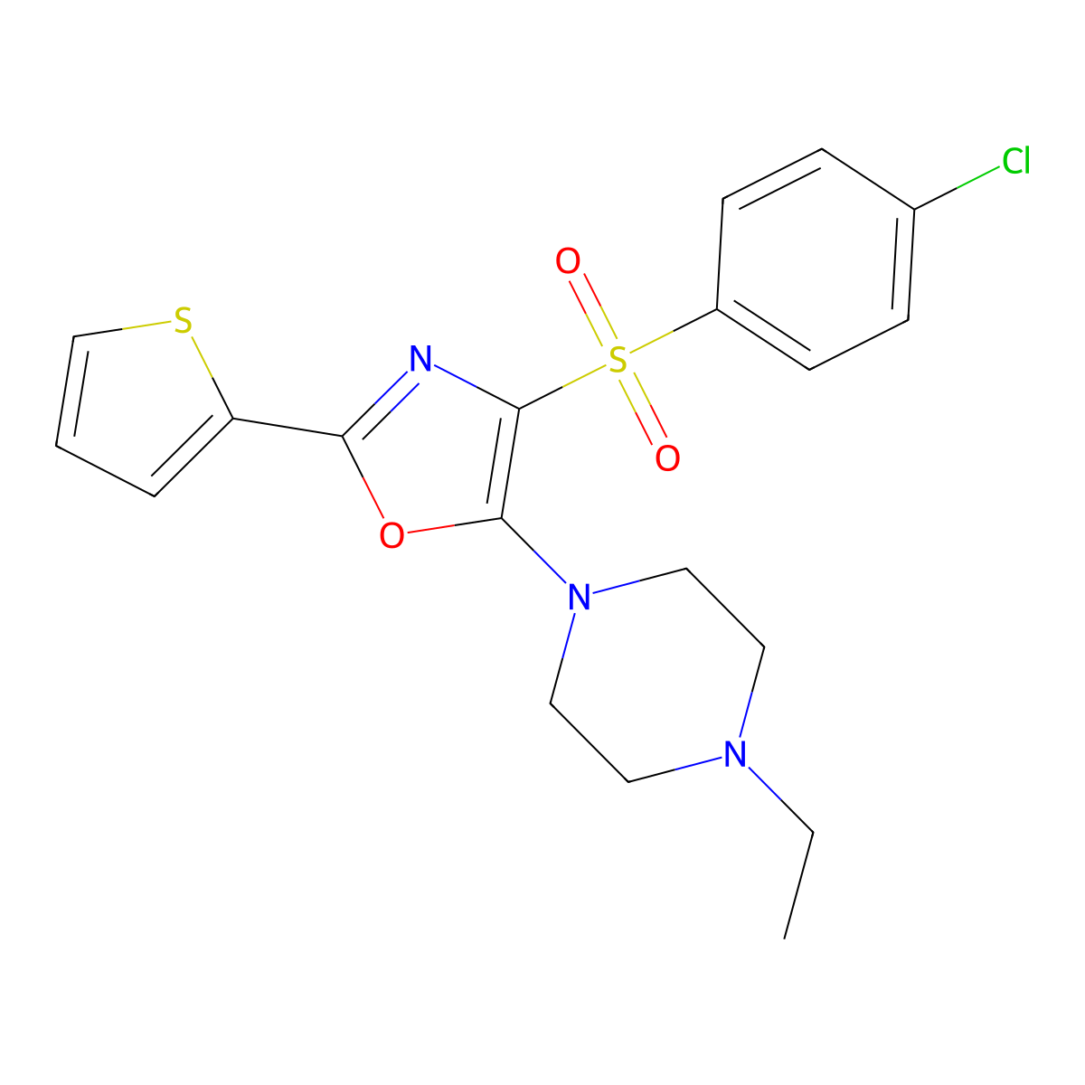 4-(4-Chlorophenyl)sulfonyl-5-(4-ethylpiperazin-1-yl)-2-thiophen-2-yl-1,3-oxazole molecular structure, CAS 627834-89-3
