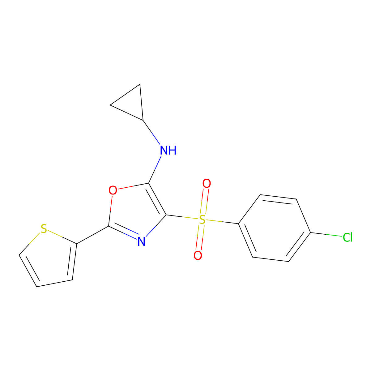 4-(4-chlorophenyl)sulfonyl-N-cyclopropyl-2-thiophen-2-yl-1,3-oxazol-5-amine molecular structure, CAS 627834-98-4