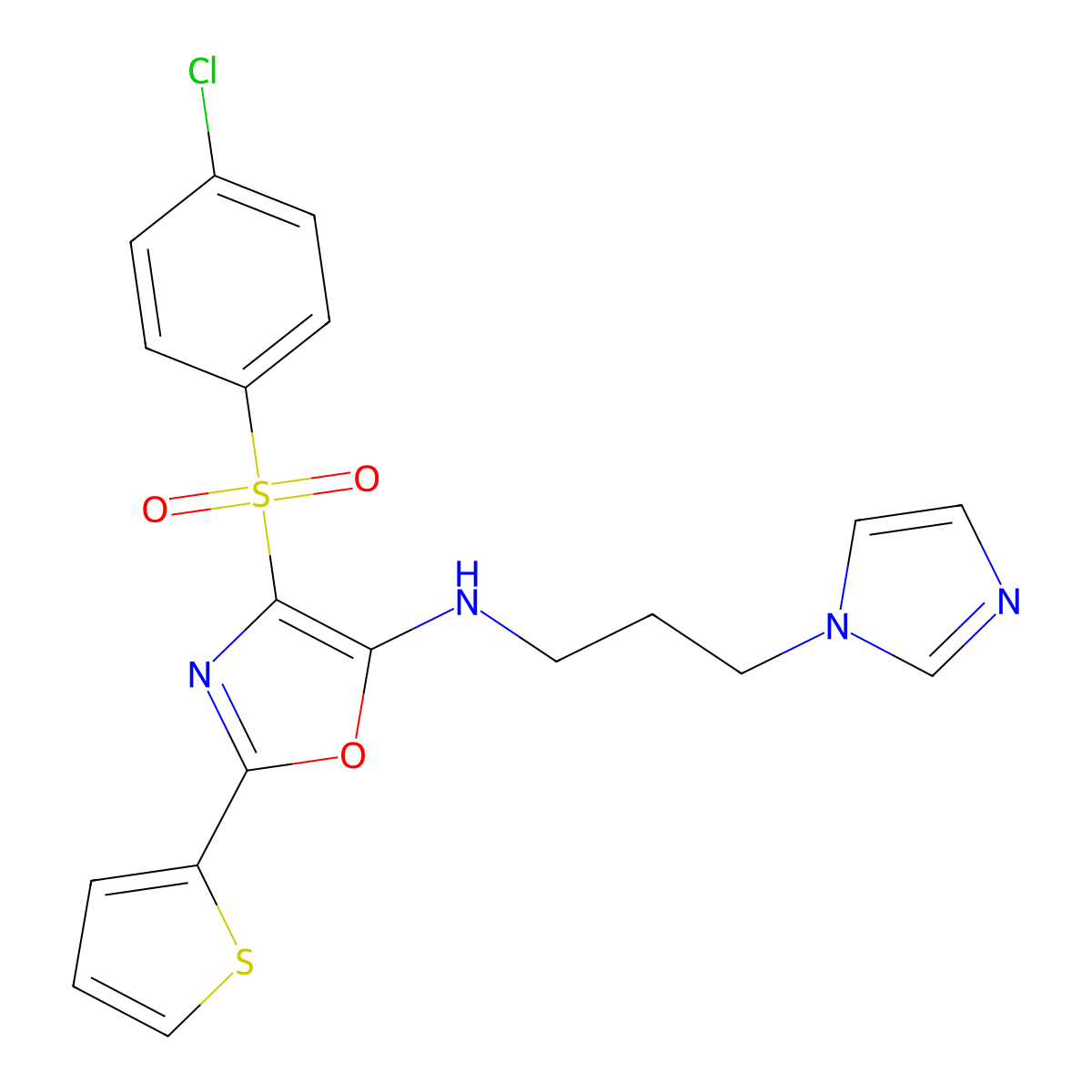 N-(3-(1H-imidazol-1-yl)propyl)-4-((4-chlorophenyl)sulfonyl)-2-(thiophen-2-yl)oxazol-5-amine molecular structure, CAS 627835-01-2
