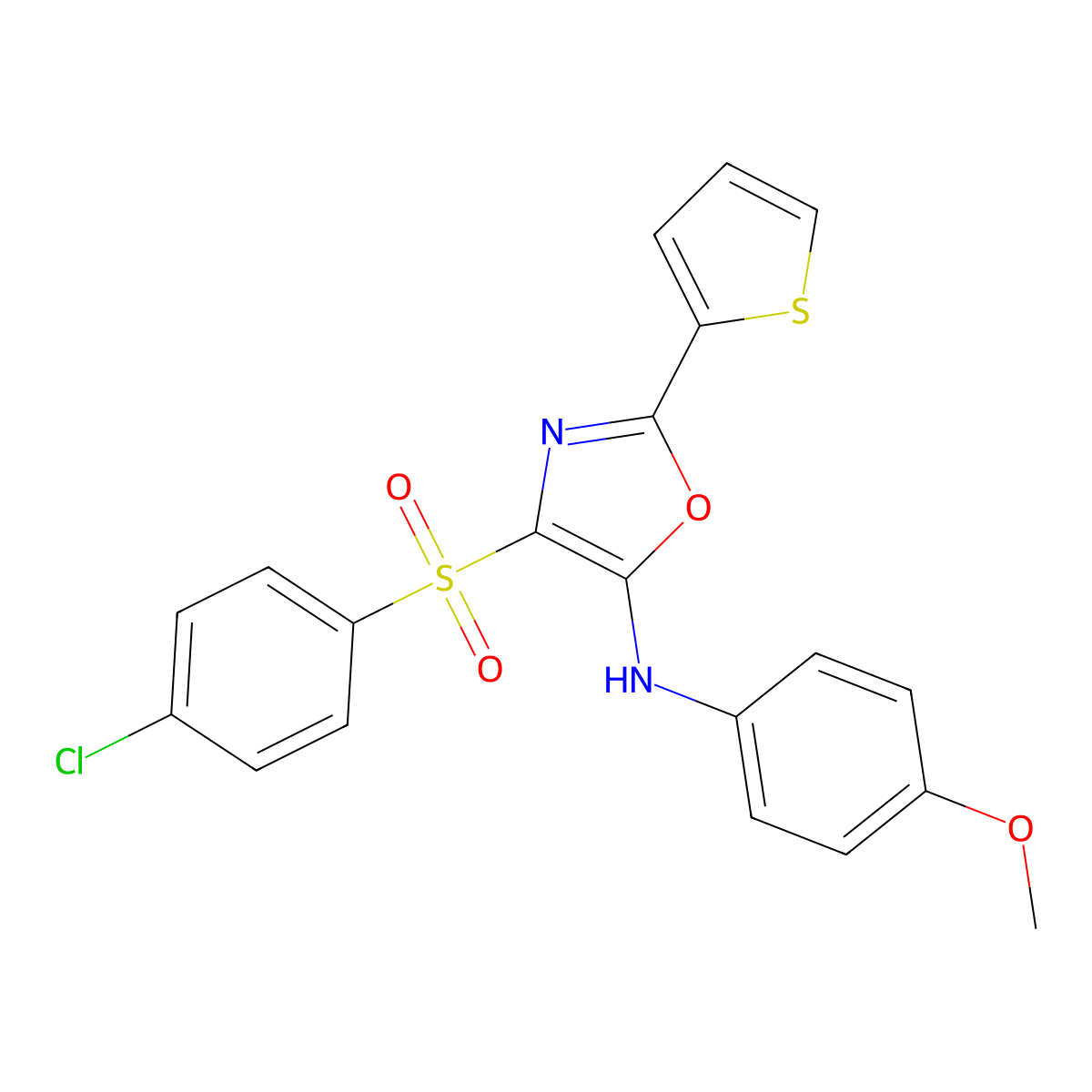4-(4-chlorophenyl)sulfonyl-N-(4-methoxyphenyl)-2-thiophen-2-yl-1,3-oxazol-5-amine molecular structure, CAS 627835-04-5