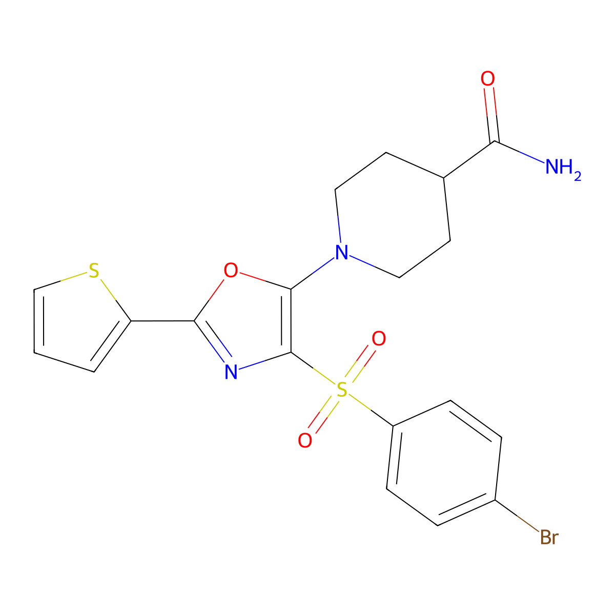 1-[4-(4-Bromophenyl)sulfonyl-2-thiophen-2-yl-1,3-oxazol-5-yl]piperidine-4-carboxamide molecular structure, CAS 627836-16-2