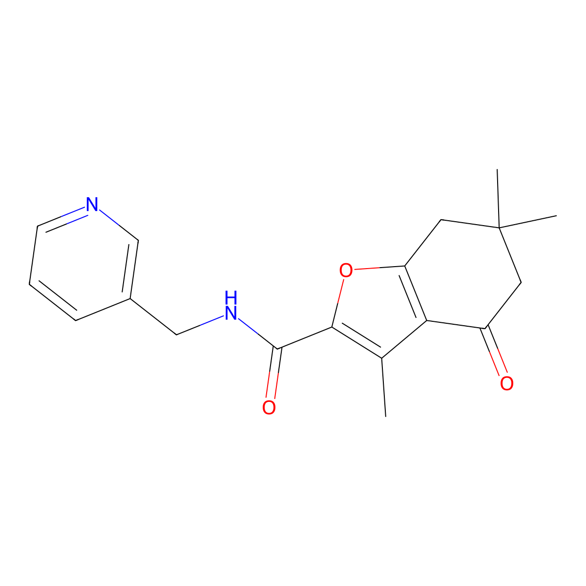 3,6,6-trimethyl-4-oxo-N-(pyridin-3-ylmethyl)-5,7-dihydro-1-benzofuran-2-carboxamide molecular structure, CAS 627843-44-1