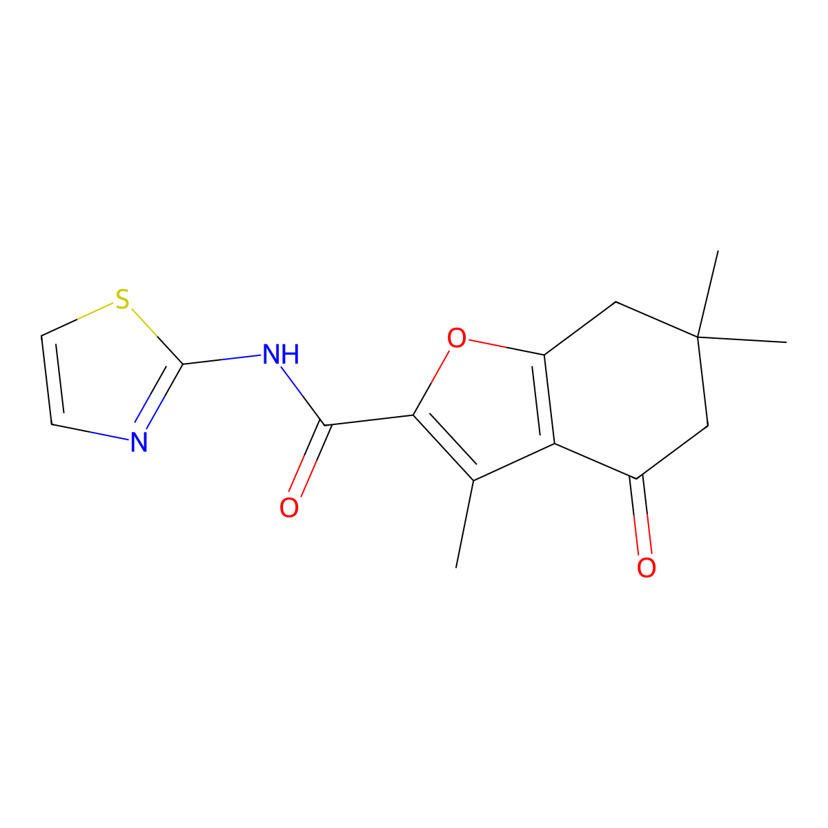 3,6,6-trimethyl-4-oxo-N-(1,3-thiazol-2-yl)-4,5,6,7-tetrahydro-1-benzofuran-2-carboxamide molecular structure, CAS 627844-09-1
