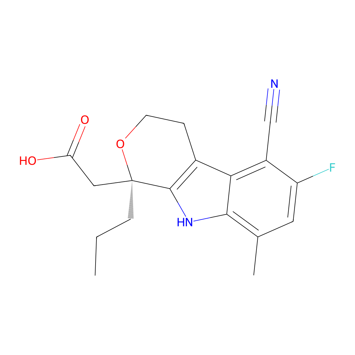 (R)-2-(5-Cyano-6-fluoro-8-methyl-1-propyl-1,3,4,9-tetrahydropyrano[3,4-b]indol-1-yl)acetic acid molecular structure, CAS 627871-22-1