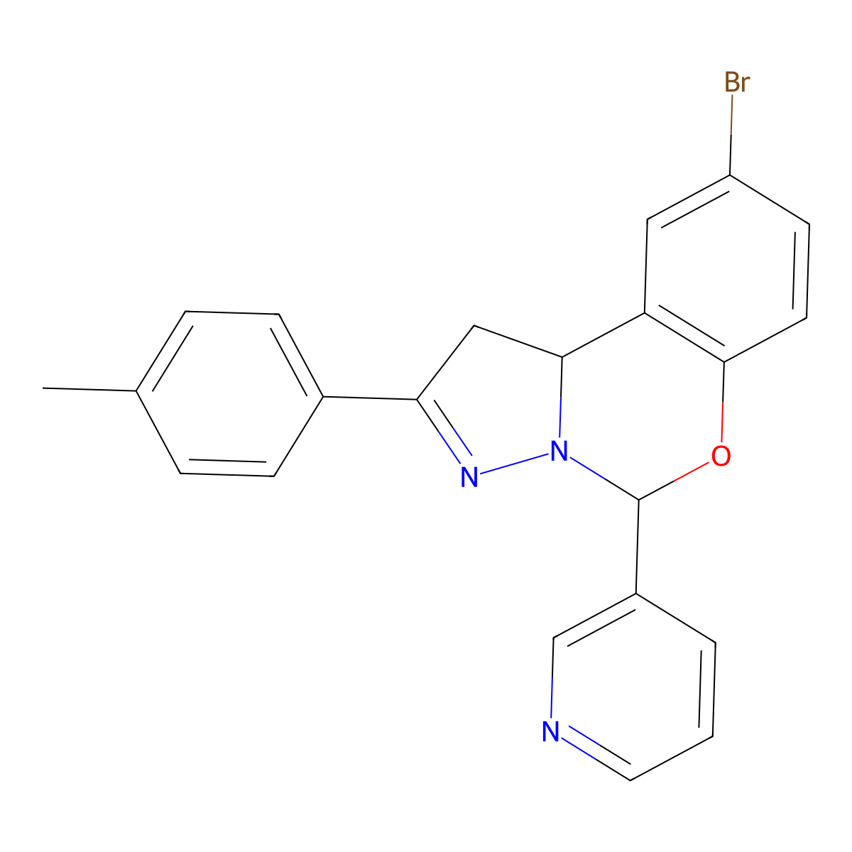 9-bromo-2-(4-methylphenyl)-5-pyridin-3-yl-5,10b-dihydro-1H-pyrazolo[1,5-c][1,3]benzoxazine molecular structure, CAS 627889-50-3