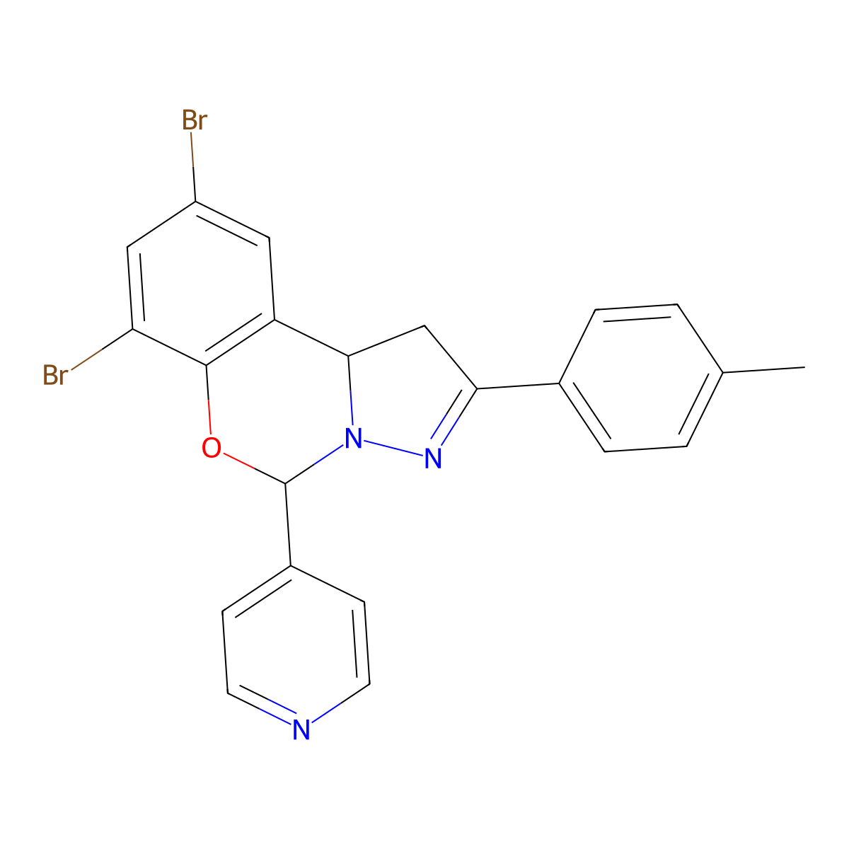 7,9-Dibromo-2-(4-methylphenyl)-5-(pyridin-4-yl)-1,10b-dihydropyrazolo[1,5-c][1,3]benzoxazine molecular structure, CAS 627889-64-9