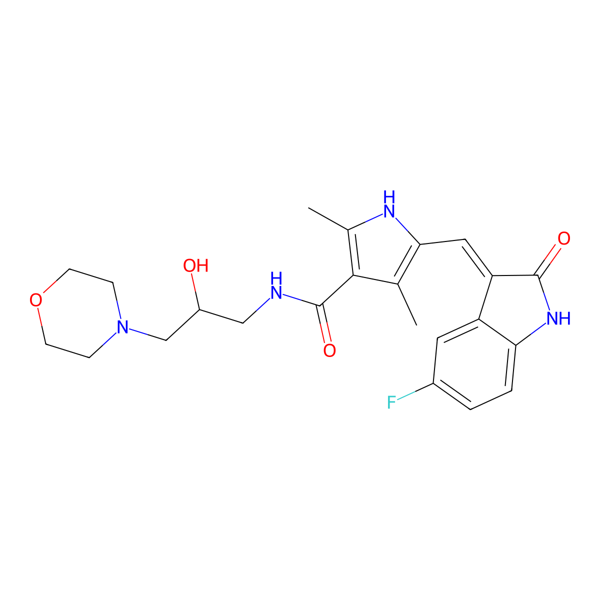 5-[(5-fluoro-2-oxo-1H-indol-3-ylidene)methyl]-N-[(2S)-2-hydroxy-3-morpholin-4-ylpropyl]-2,4-dimethyl-1H-pyrrole-3-carboxamide molecular structure, CAS 627908-92-3