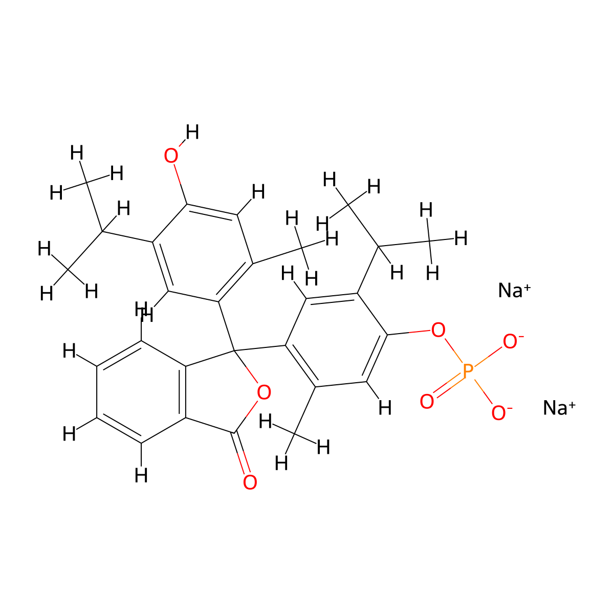 1(3H)-Isobenzofuranone, 3-[4-hydroxy-2-methyl-5-(1-methylethyl)phenyl]-3-[2-methyl-5-(1-methylethyl)-4-(phosphonooxy)phenyl]-, sodium salt (1:2) molecular structure, CAS 62796-27-4