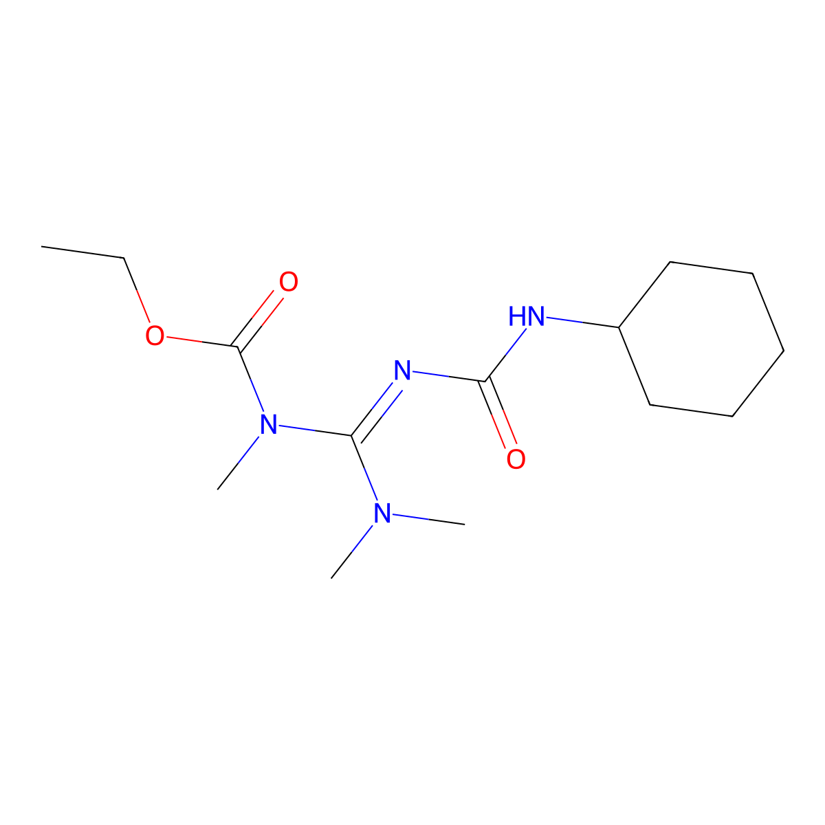 Carbamic acid, N-((((cyclohexylamino)carbonyl)imino)(dimethylamino)methyl)-N-methyl-, ethyl ester molecular structure, CAS 62806-49-9