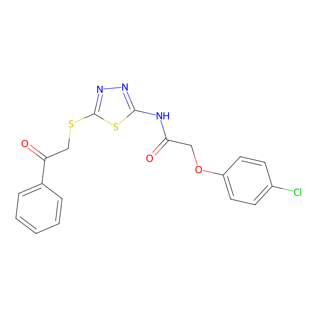 2-(4-chlorophenoxy)-N-{5-[(2-oxo-2-phenylethyl)sulfanyl]-1,3,4-thiadiazol-2-yl}acetamide molecular structure, CAS 628272-30-0