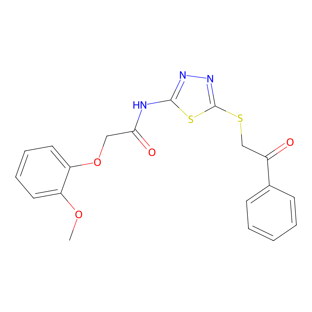2-(2-methoxyphenoxy)-N-{5-[(2-oxo-2-phenylethyl)sulfanyl]-1,3,4-thiadiazol-2-yl}acetamide molecular structure, CAS 628272-36-6
