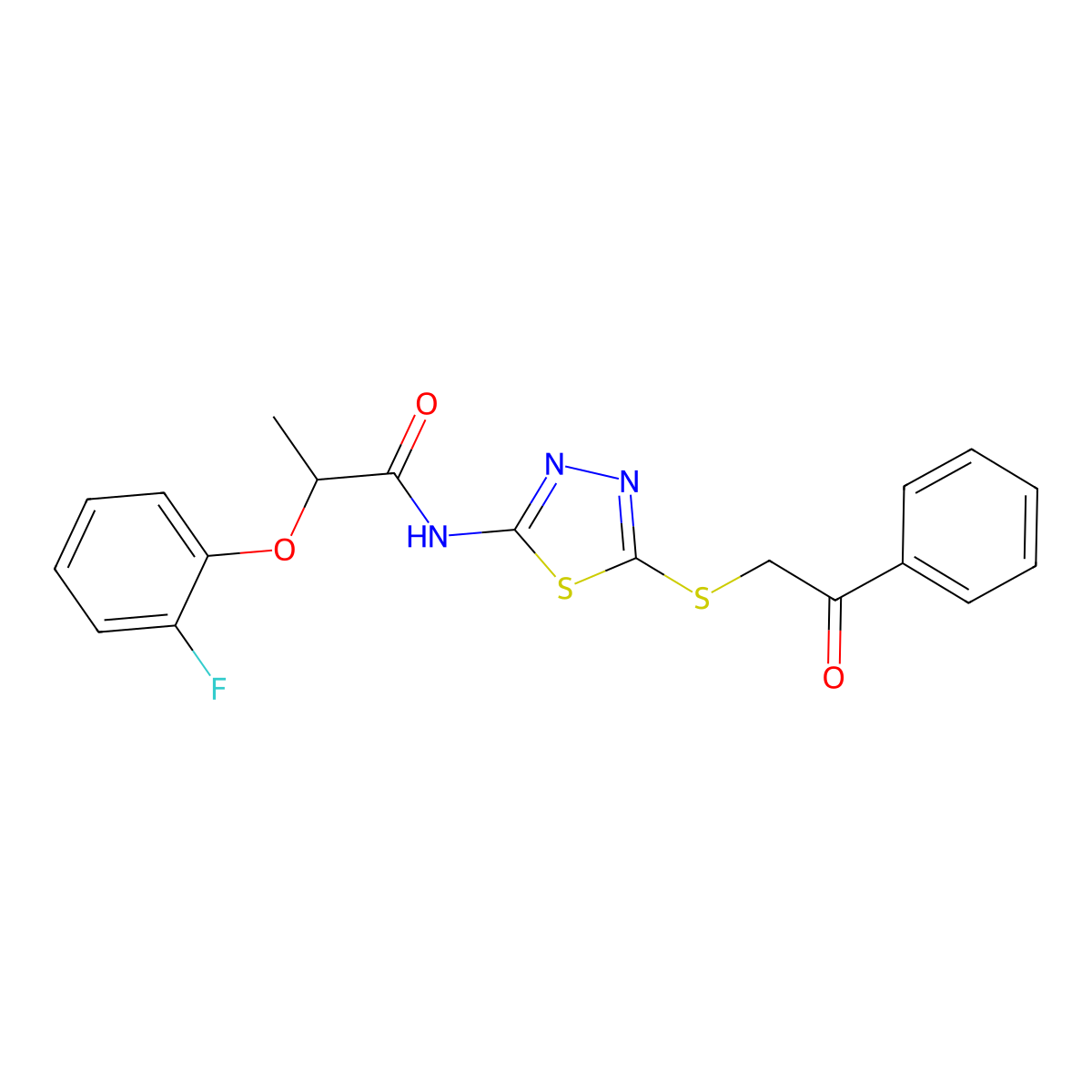 2-(2-fluorophenoxy)-N-{5-[(2-oxo-2-phenylethyl)sulfanyl]-1,3,4-thiadiazol-2-yl}propanamide molecular structure, CAS 628272-65-1