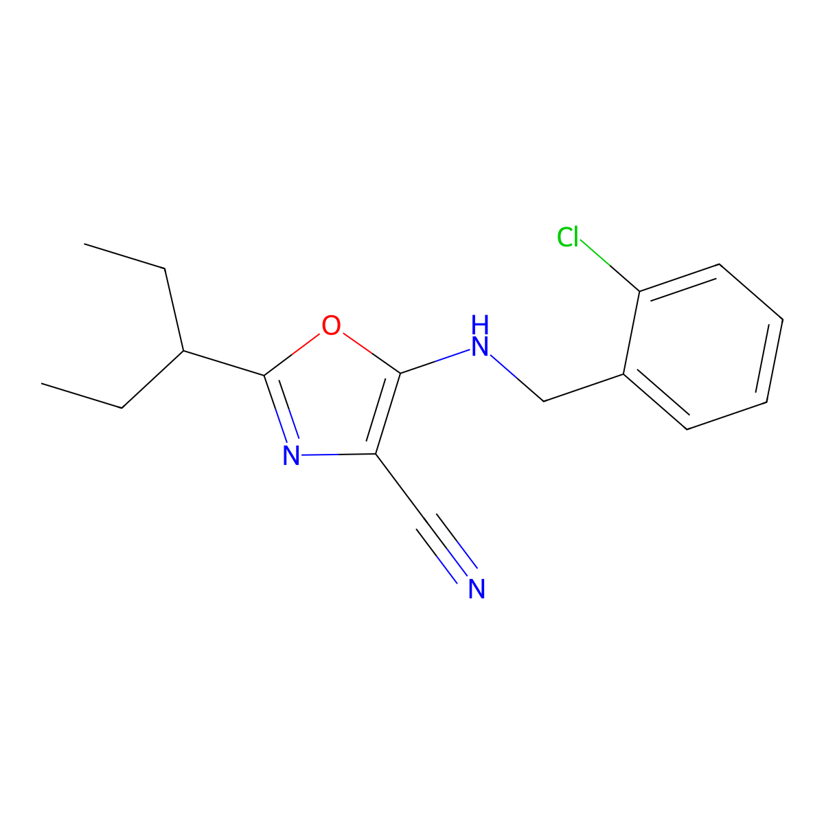 5-[(2-Chlorophenyl)methylamino]-2-pentan-3-yl-1,3-oxazole-4-carbonitrile molecular structure, CAS 628274-01-1