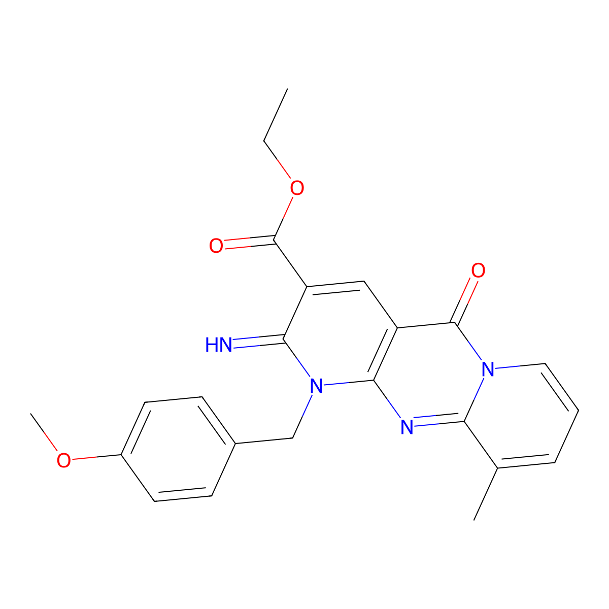 Ethyl 2-imino-1-[(4-methoxyphenyl)methyl]-10-methyl-5-oxo-1,6-dihydropyridino[2,3-d]pyridino[1,2-a]pyrimidine-3-carboxylate molecular structure, CAS 628274-87-3
