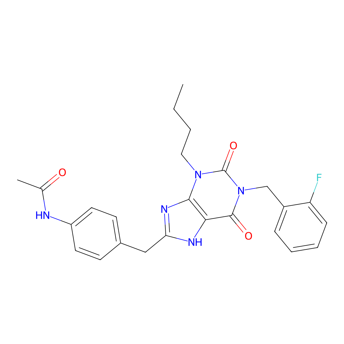 1-(2-Fluorobenzyl)-3-Butyl-8-(N-Acetyl-4-Aminobenzyl)-Xanthine molecular structure, CAS 628279-07-2
