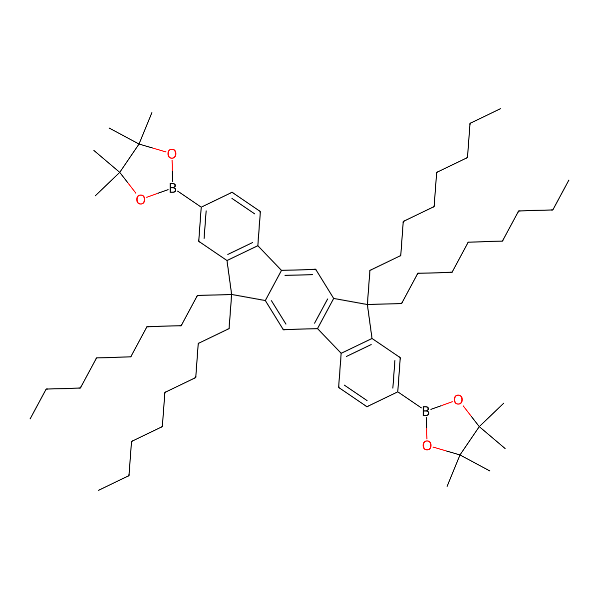 2,2'-(6,6,12,12-Tetraoctyl-6,12-dihydroindeno[1,2-b]fluorene-2,8-diyl)bis(4,4,5,5-tetramethyl-1,3,2-dioxaborolane) molecular structure, CAS 628303-20-8
