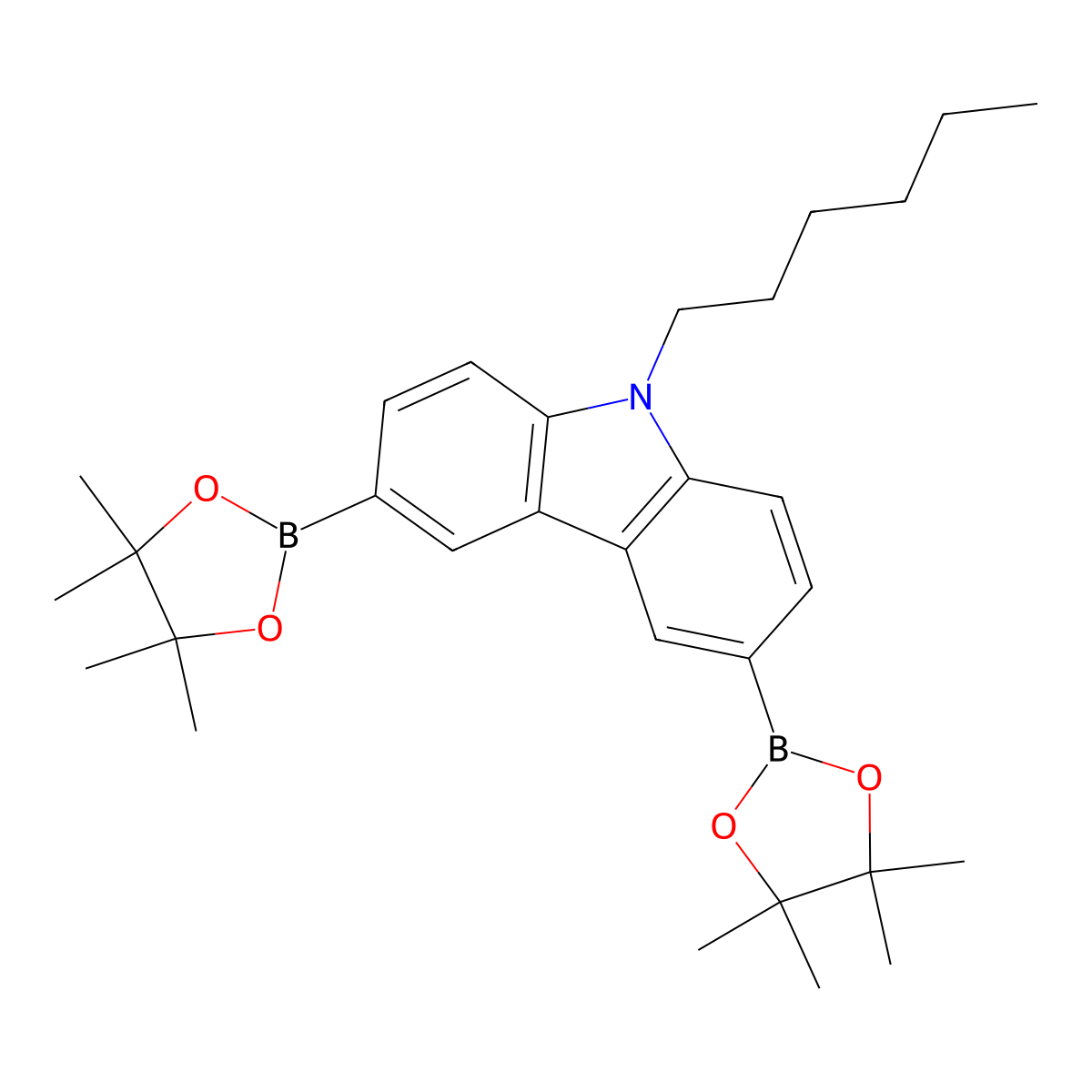 9-hexyl-3,6-bis(4,4,5,5-tetramethyl-1,3,2-dioxaborolan-2-yl)-9H-carbazole molecular structure, CAS 628336-95-8