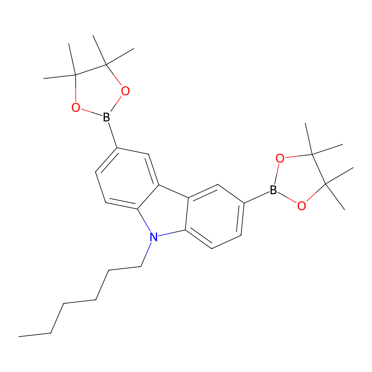 9-hexyl-3,6-bis(4,4,5,5-tetramethyl-1,3,2-dioxaborolan-2-yl)-9H-carbazole molecular structure, CAS 628336-95-8
