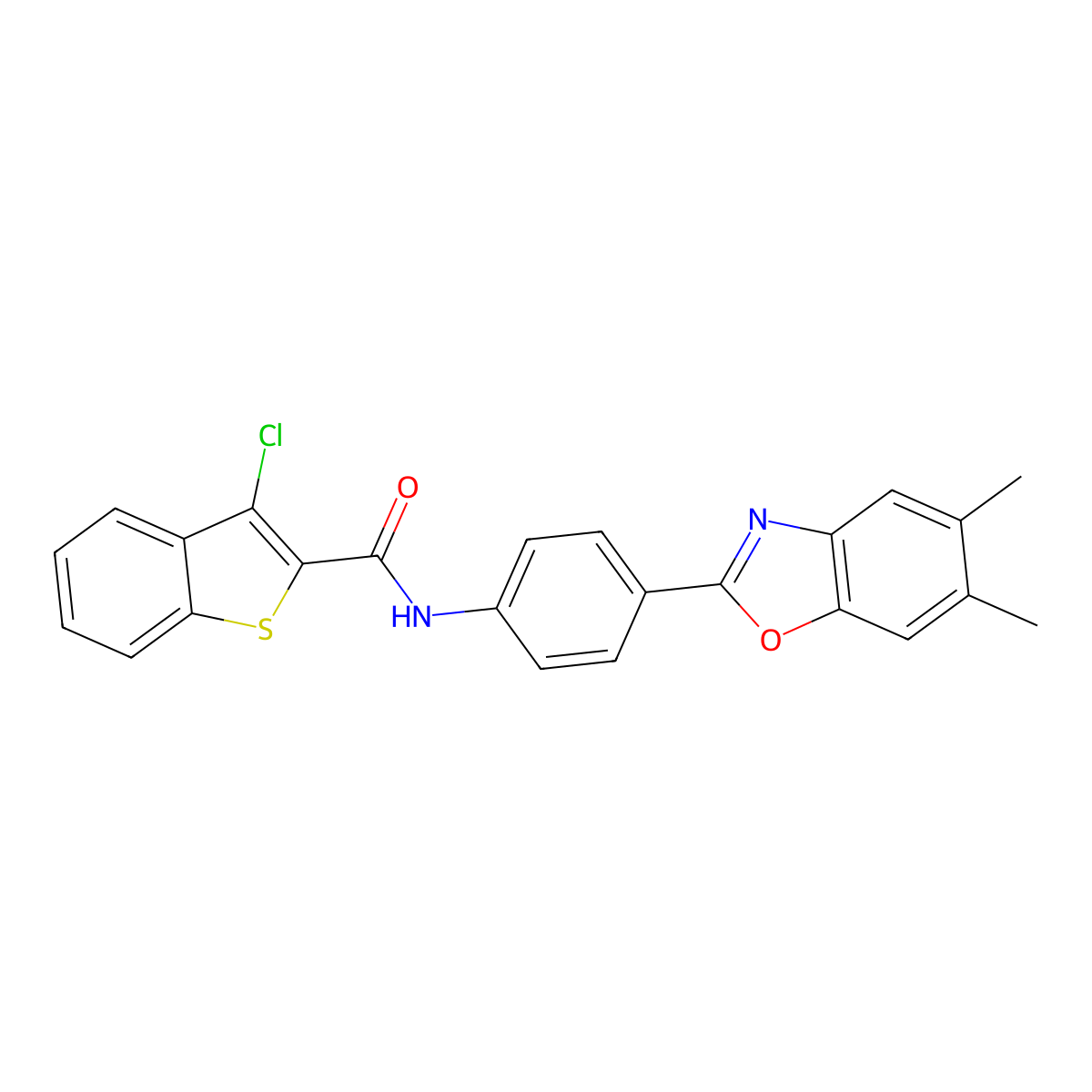 3-chloro-N-[4-(5,6-dimethyl-1,3-benzoxazol-2-yl)phenyl]-1-benzothiophene-2-carboxamide molecular structure, CAS 6287-45-2