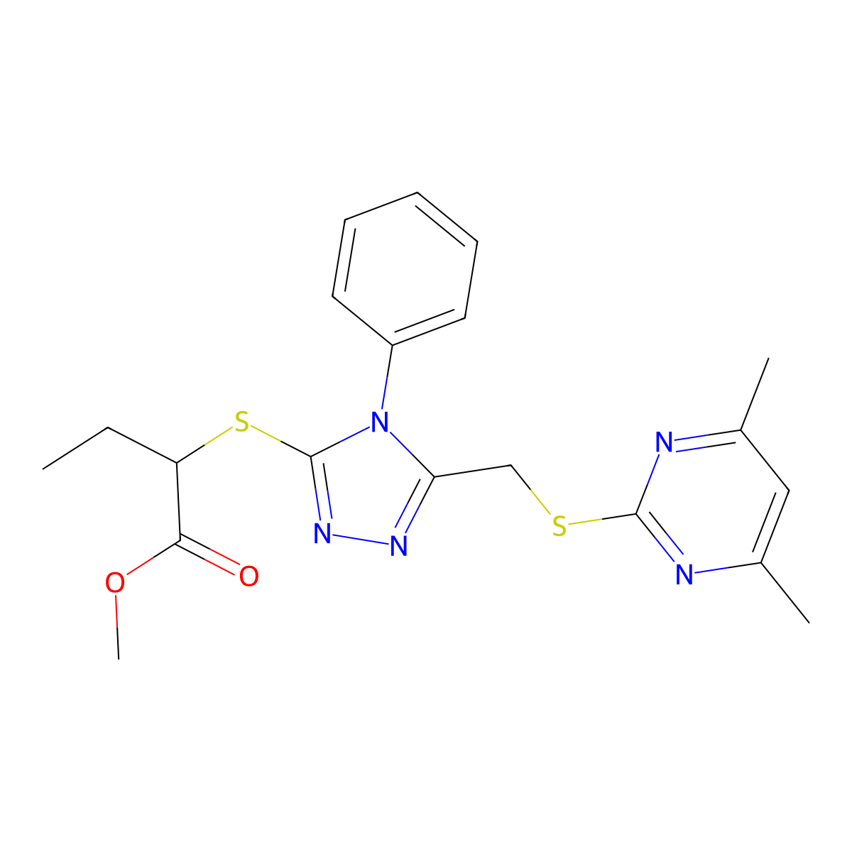 Methyl 2-[[5-[(4,6-dimethylpyrimidin-2-yl)sulfanylmethyl]-4-phenyl-1,2,4-triazol-3-yl]sulfanyl]butanoate molecular structure, CAS 6288-71-7