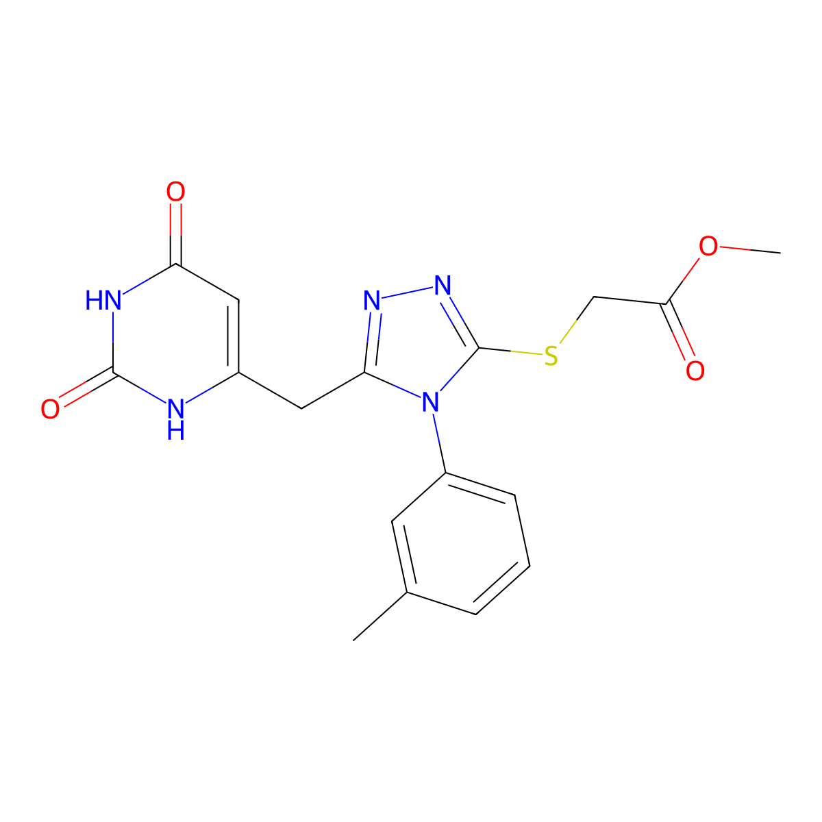 methyl 2-[[5-[(2,4-dioxo-1H-pyrimidin-6-yl)methyl]-4-(3-methylphenyl)-1,2,4-triazol-3-yl]sulfanyl]acetate molecular structure, CAS 6289-28-7