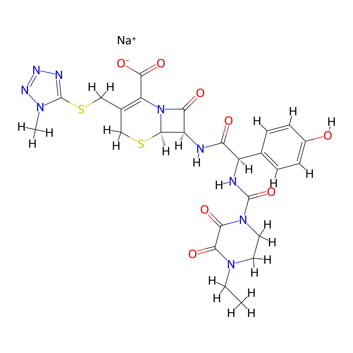 sodium (6R,7R)-7-[[(2R)-2-[(4-ethyl-2,3-dioxopiperazine-1-carbonyl)amino]-2-(4-hydroxyphenyl)acetyl]amino]-3-[(1-methyltetrazol-5-yl)sulfanylmethyl]-8-oxo-5-thia-1-azabicyclo[4.2.0]oct-2-ene-2-carboxylate molecular structure, CAS 62893-20-3