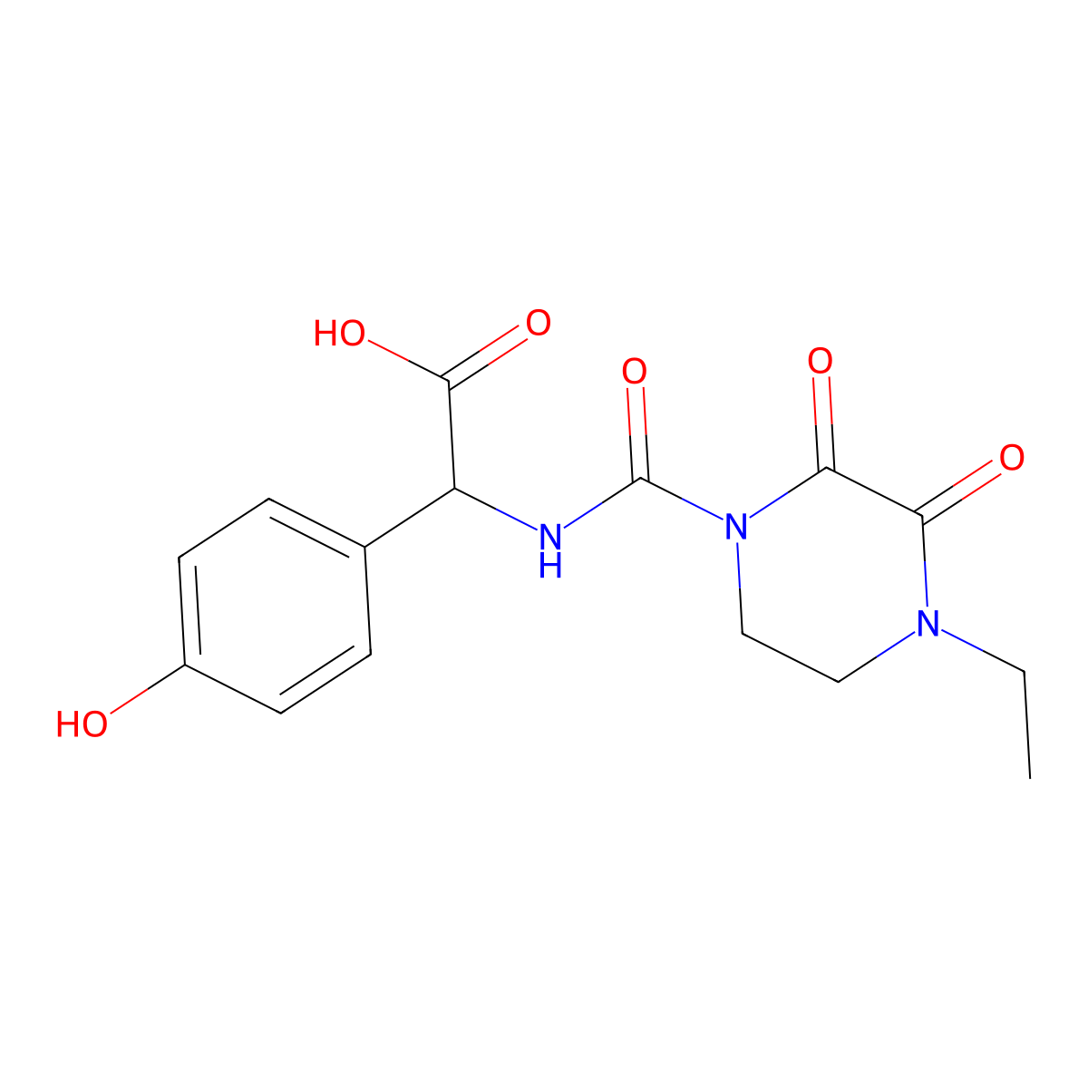 (R)-(-)-alpha-(((4-Ethyl-2,3-dioxo-1-piperazinyl)carbonyl)amino)-4-hydroxybenzeneacetic acid molecular structure, CAS 62893-24-7