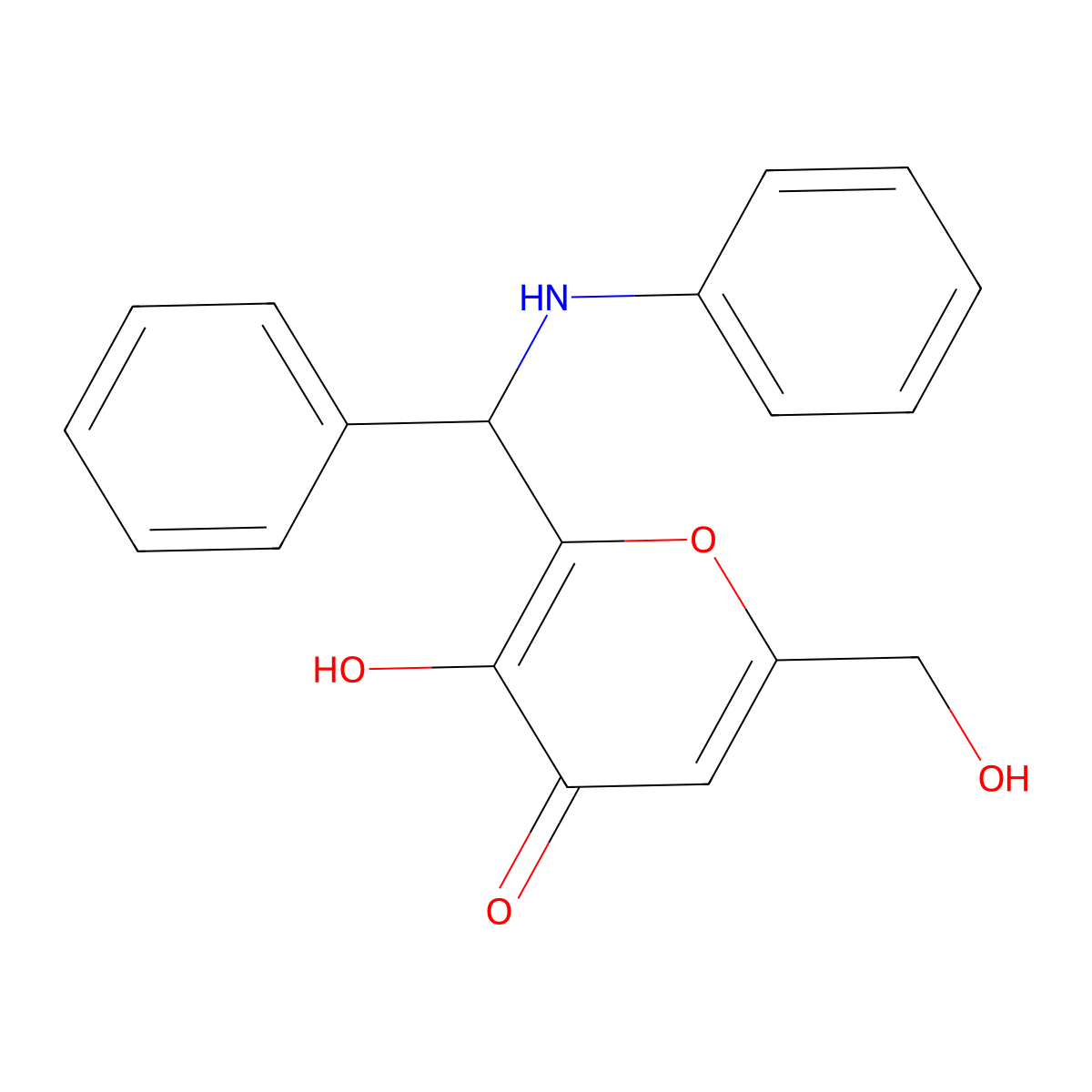 2-[Anilino(phenyl)methyl]-3-hydroxy-6-(hydroxymethyl)pyran-4-one molecular structure, CAS 6290-96-6