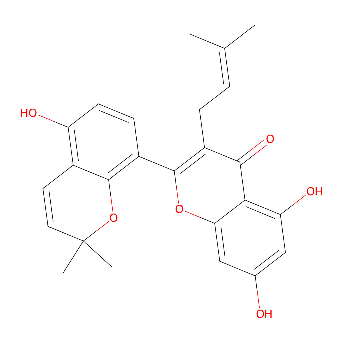 5,7-Dihydroxy-2-(5-hydroxy-2,2-dimethyl-2H-1-benzopyran-8-yl)-3-(3-methyl-2-buten-1-yl)-4H-1-benzopyran-4-one molecular structure, CAS 62949-77-3