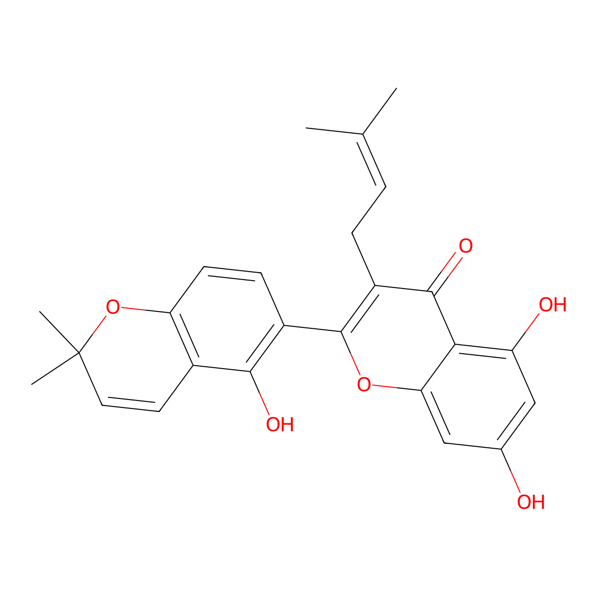 5,7-Dihydroxy-2-(5-hydroxy-2,2-dimethyl-2H-1-benzopyran-6-yl)-3-(3-methyl-2-buten-1-yl)-4H-1-benzopyran-4-one molecular structure, CAS 62949-78-4
