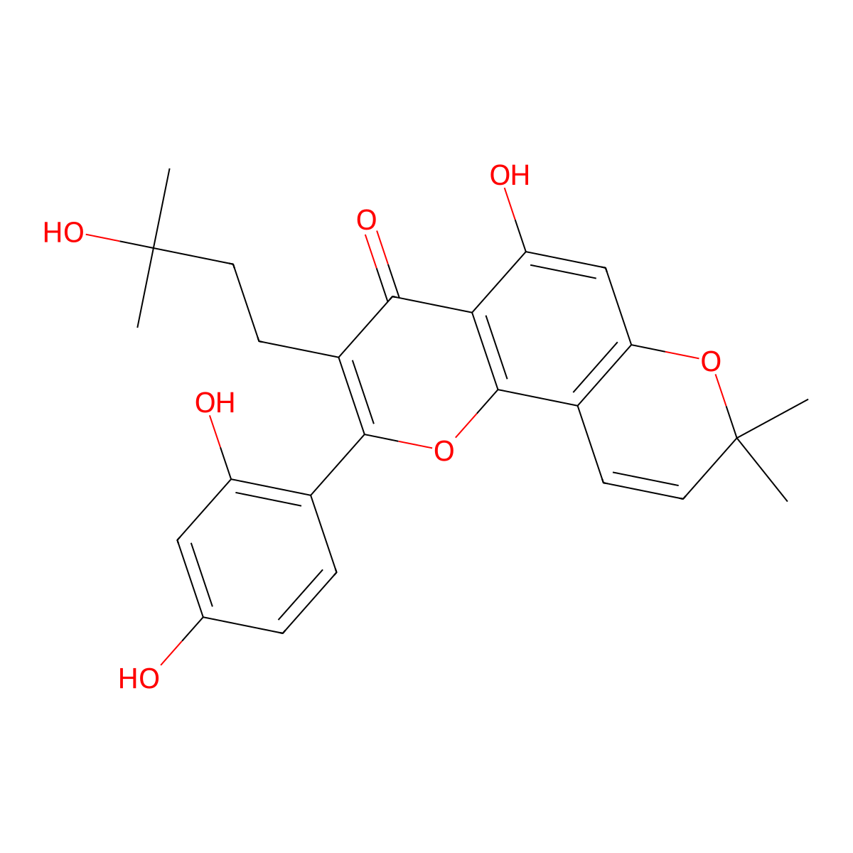 2-(2,4-Dihydroxyphenyl)-5-hydroxy-3-(3-hydroxy-3-methylbutyl)-8,8-dimethyl-4H,8H-benzo(1,2-b:3,4-b')dipyran-4-one molecular structure, CAS 62949-93-3