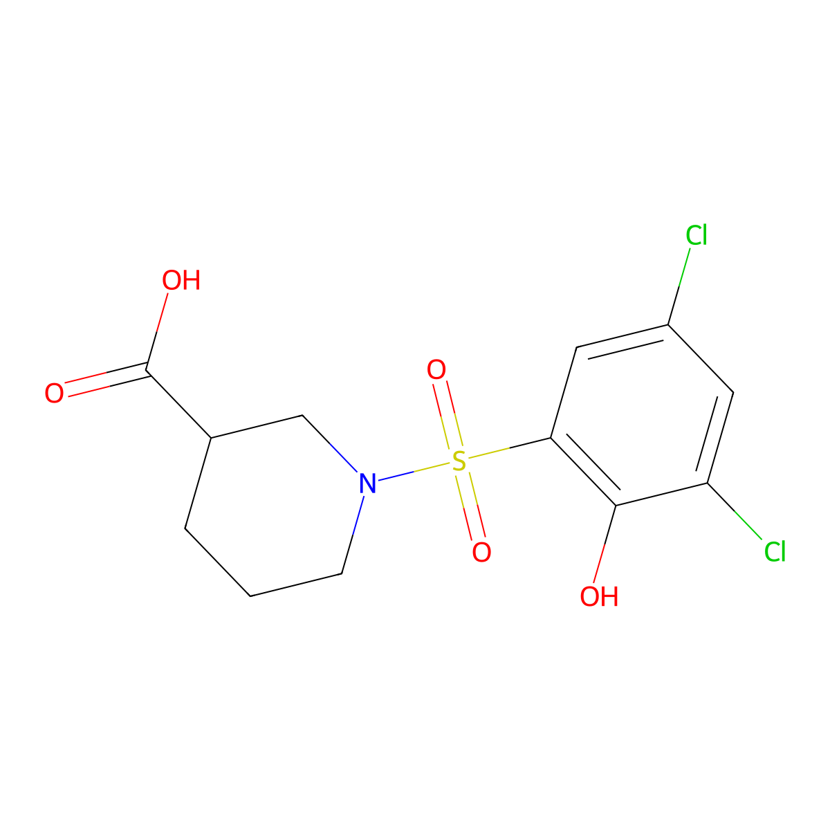 1-((3,5-Dichloro-2-hydroxyphenyl)sulfonyl)piperidine-3-carboxylic acid molecular structure, CAS 630049-61-5