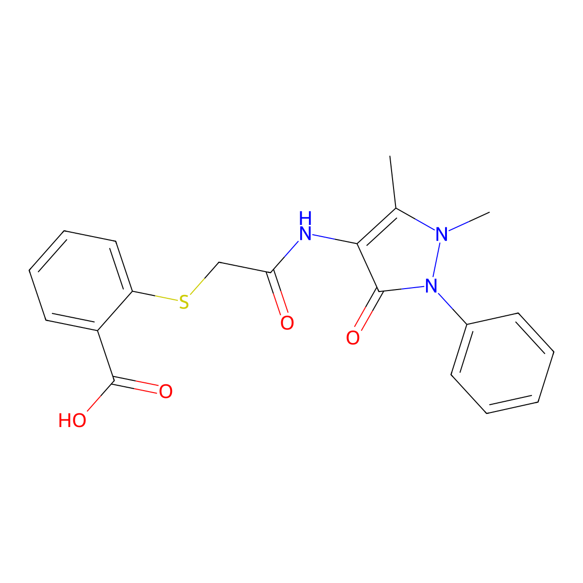 2-({[(1,5-dimethyl-3-oxo-2-phenyl-2,3-dihydro-1H-pyrazol-4-yl)carbamoyl]methyl}sulfanyl)benzoic acid molecular structure, CAS 630084-03-6