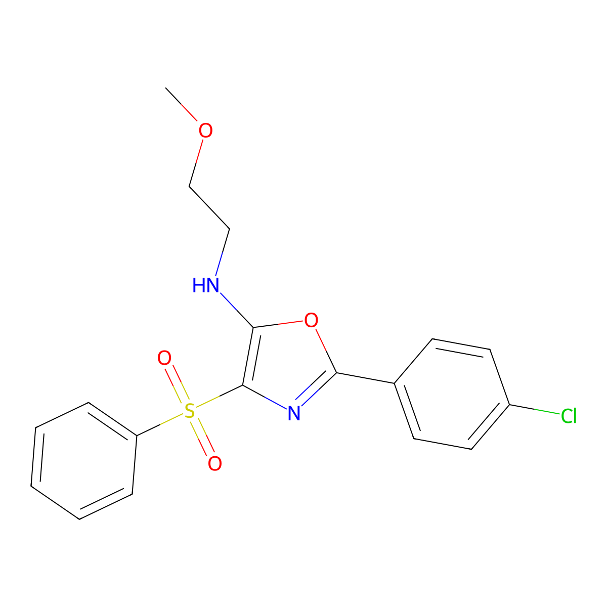 4-(benzenesulfonyl)-2-(4-chlorophenyl)-N-(2-methoxyethyl)-1,3-oxazol-5-amine molecular structure, CAS 630084-22-9