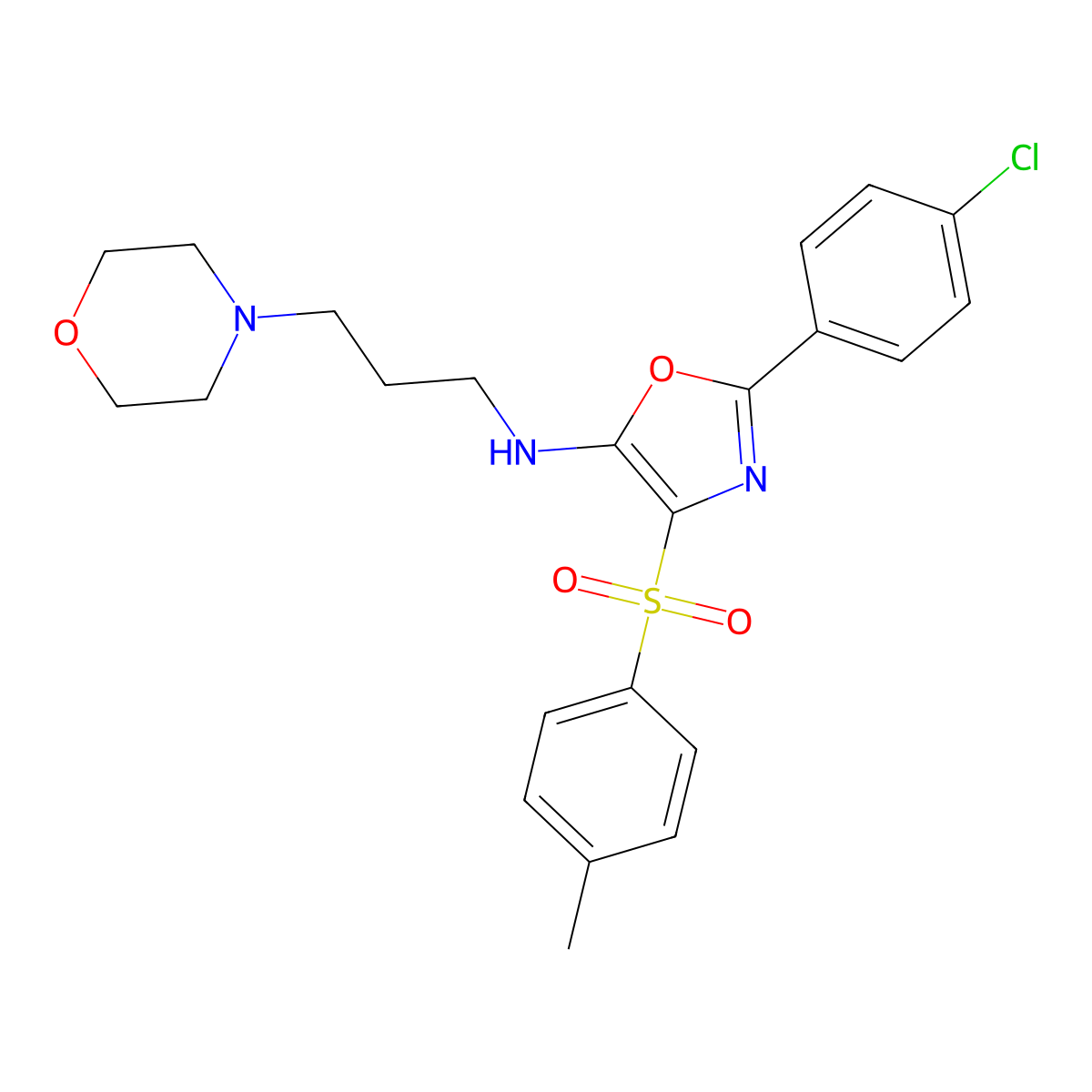 2-(4-chlorophenyl)-4-(4-methylphenyl)sulfonyl-N-(3-morpholin-4-ylpropyl)-1,3-oxazol-5-amine molecular structure, CAS 630084-48-9