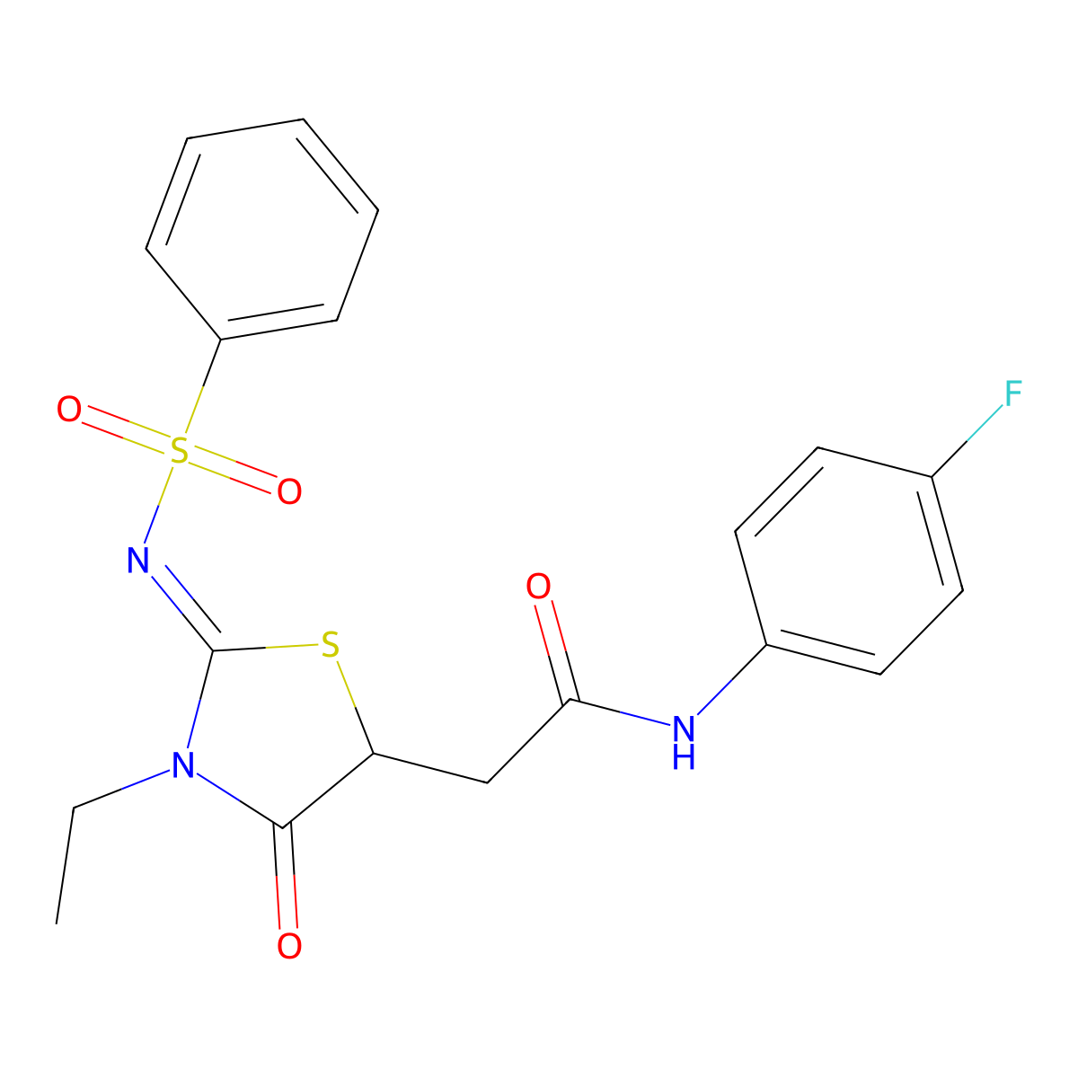 2-[2-(benzenesulfonylimino)-3-ethyl-4-oxo-1,3-thiazolidin-5-yl]-N-(4-fluorophenyl)acetamide molecular structure, CAS 630090-74-3