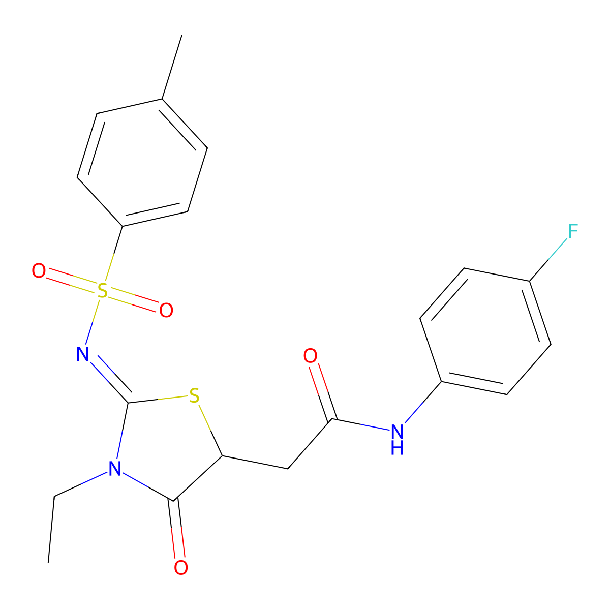 2-[3-ethyl-2-(4-methylphenyl)sulfonylimino-4-oxo-1,3-thiazolidin-5-yl]-N-(4-fluorophenyl)acetamide molecular structure, CAS 630090-83-4