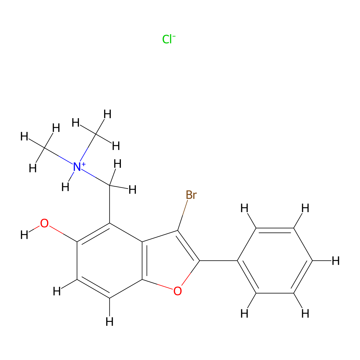 5-Benzofuranol, 3-bromo-4-((dimethylamino)methyl)-2-phenyl-, hydrochloride molecular structure, CAS 63112-50-5