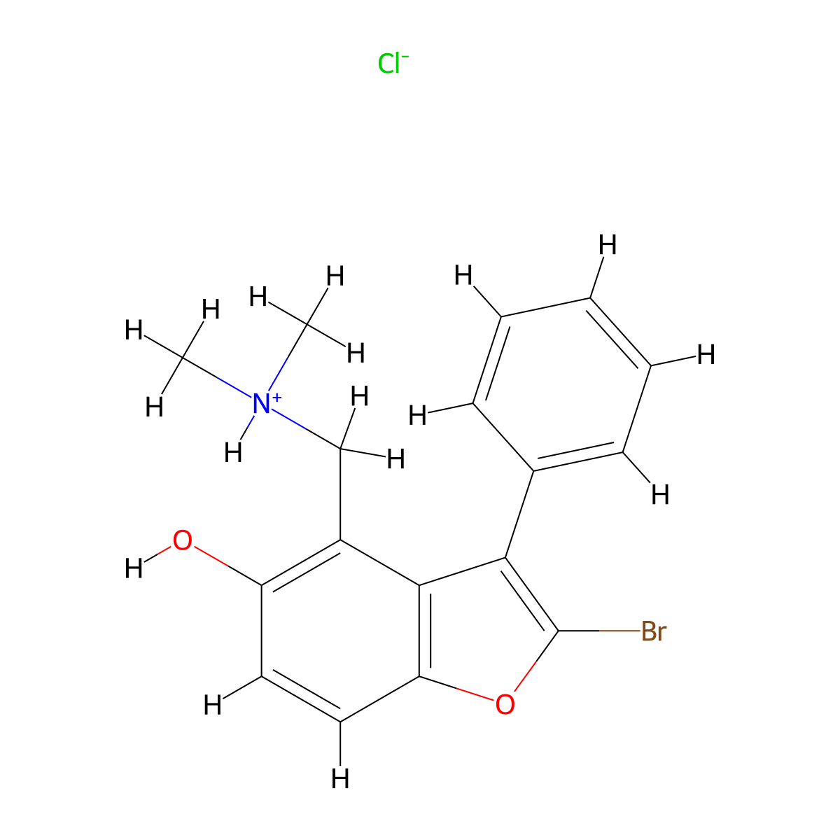 5-Benzofuranol, 2-bromo-4-((dimethylamino)methyl)-3-phenyl-, hydrochloride molecular structure, CAS 63112-52-7