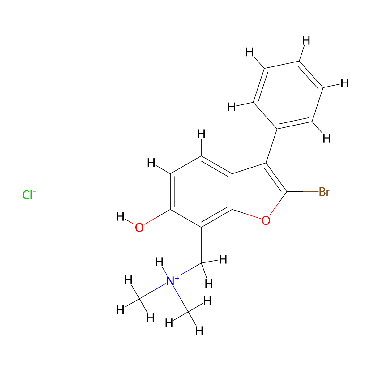 6-Benzofuranol, 2-bromo-7-((dimethylamino)methyl)-3-phenyl-, hydrochloride molecular structure, CAS 63112-53-8