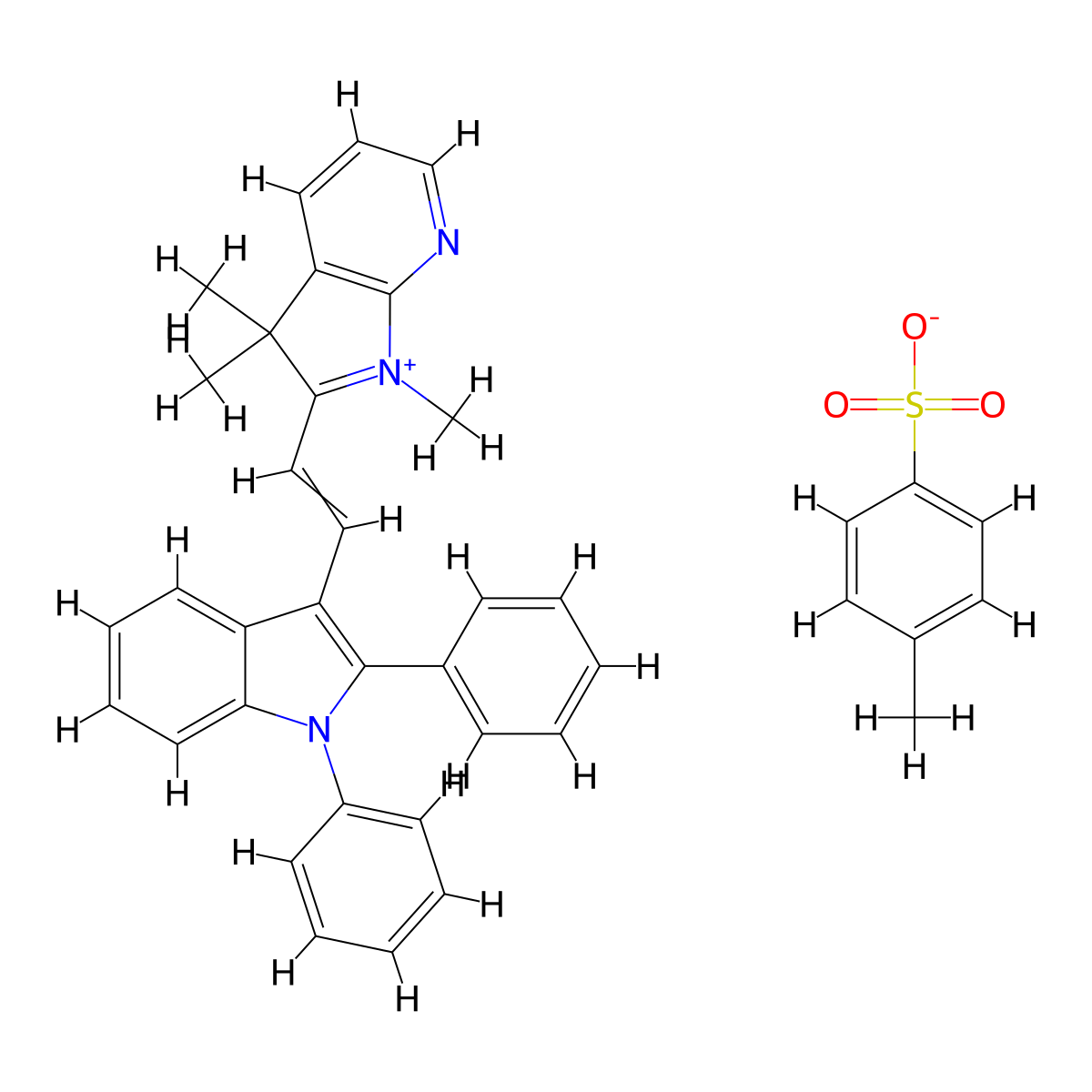3H-Pyrrolo[2,3-b]pyridinium, 2-[2-(1,2-diphenyl-1H-indol-3-yl)ethenyl]-1,3,3-trimethyl-, 4-methylbenzenesulfonate (1:1) molecular structure, CAS 63123-18-2