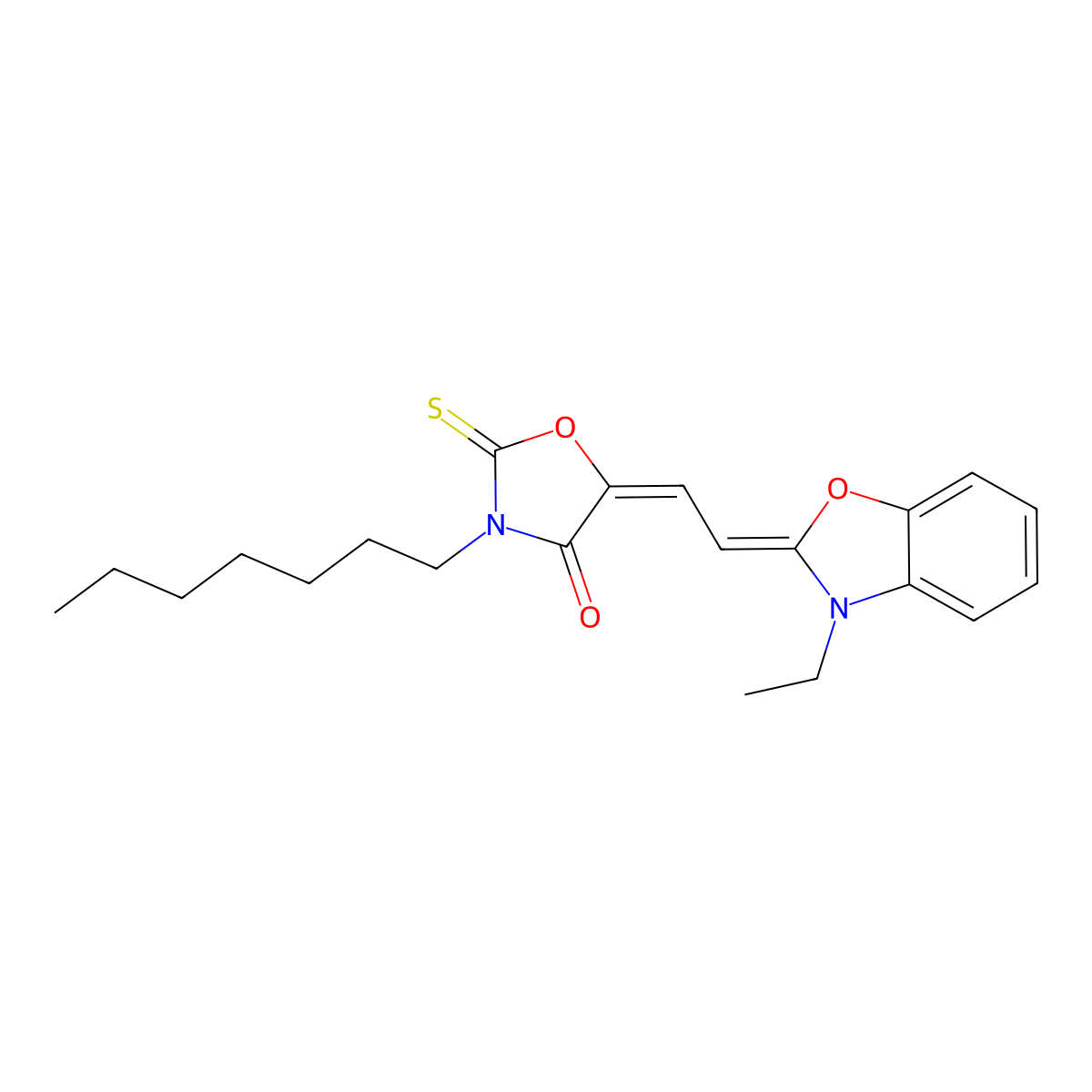 4-Oxazolidinone, 5-[2-(3-ethyl-2(3H)-benzoxazolylidene)ethylidene]-3-heptyl-2-thioxo- molecular structure, CAS 63123-23-9