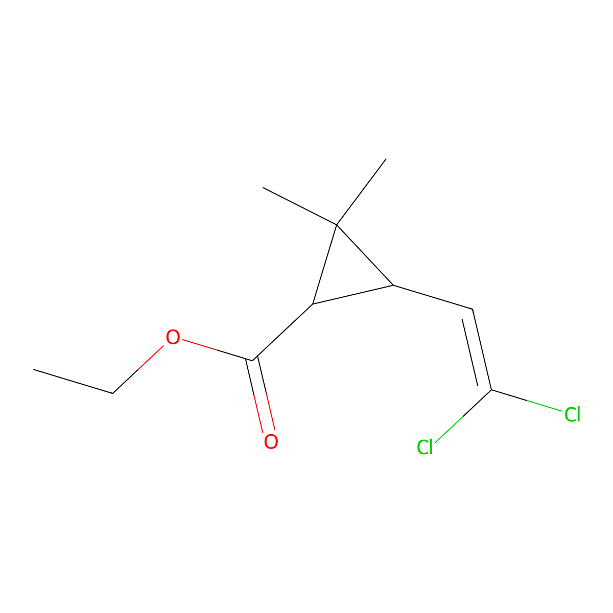 Cyclopropanecarboxylic acid, 3-(2,2-dichloroethenyl)-2,2-dimethyl-, ethyl ester, (1R,3R)-rel- molecular structure, CAS 63142-56-3
